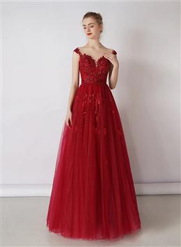 Picture of Wine Red Color Tulle Round Neckline Long Party Dresses, A-line Floor Length Evening Dresses Formal Dresses